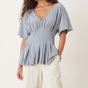 NEW ASOS DESIGN pre-washed blue corset waist pleated t-shirt size: L